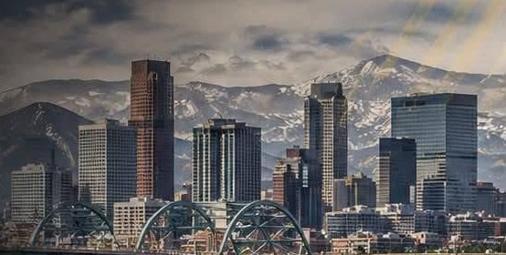 Denver skyline with the Rocky Mountains
