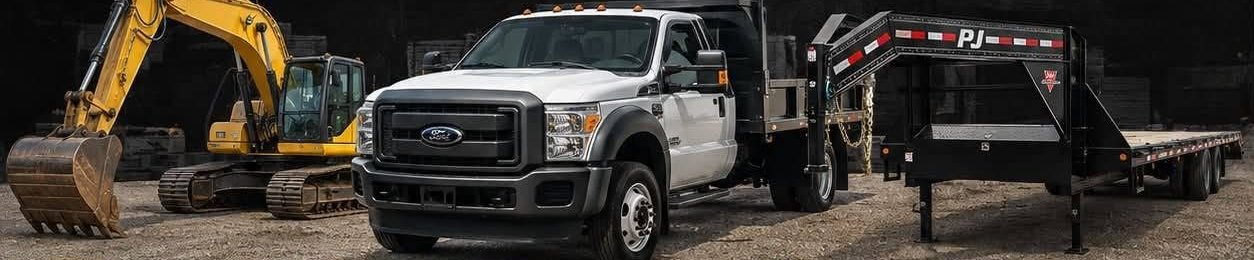 Yellow excavator, white work truck and gooseneck flatbed trailer